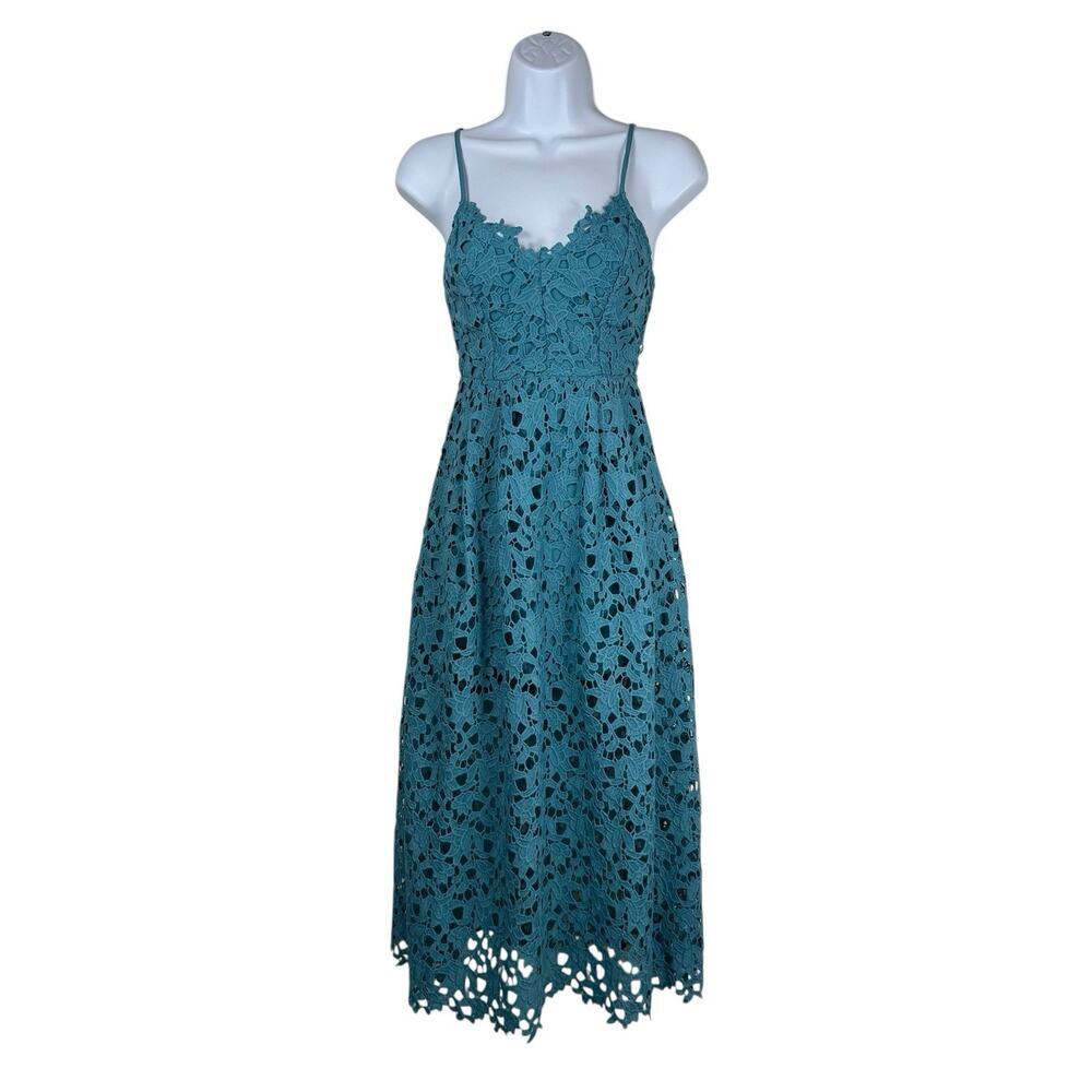 ASTR Dress Women Extra Small Teal Lace Midi Romantic Feminine Floral Fairy - Picture 2 of 15
